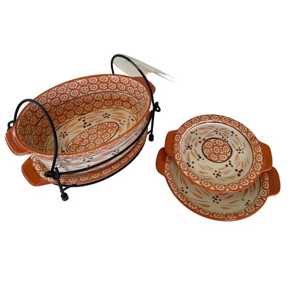 Casserole Trivet Dish 3 Plates Metal Stand 6pc Temptations by Tara Old World 2 - Picture 6 of 13